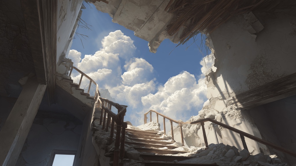 幻想的な空と雲の背景素材【高画質10枚】Vol.122〈住宅廃墟・日中編〉