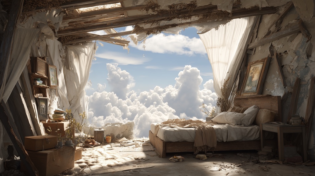 幻想的な空と雲の背景素材【高画質10枚】Vol.122〈住宅廃墟・日中編〉