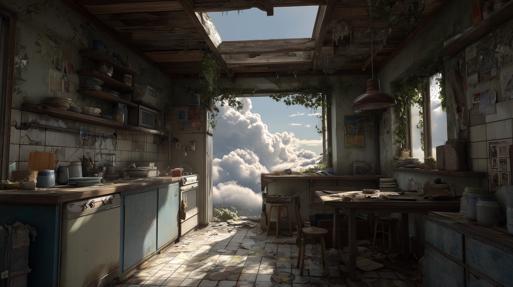 幻想的な空と雲の背景素材【高画質10枚】Vol.122〈住宅廃墟・日中編〉