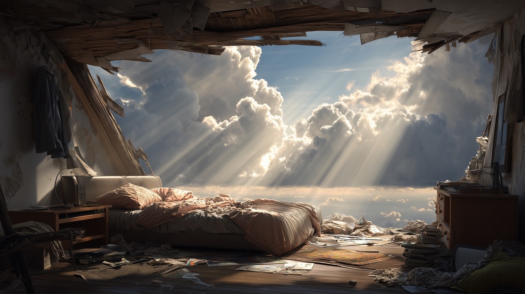 幻想的な空と雲の背景素材【高画質10枚】Vol.123〈住宅廃墟・日中編〉