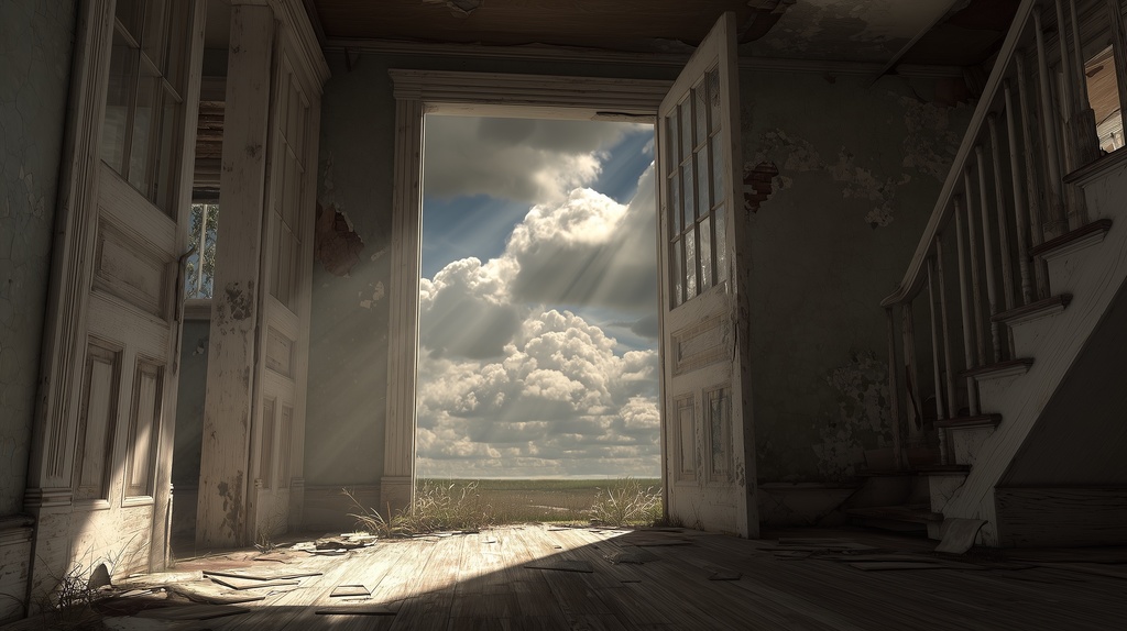 幻想的な空と雲の背景素材【高画質10枚】Vol.124〈住宅廃墟・日中編〉