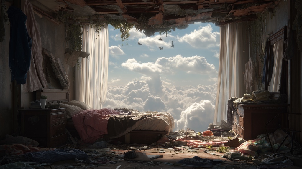 幻想的な空と雲の背景素材【高画質10枚】Vol.125〈住宅廃墟・日中編〉