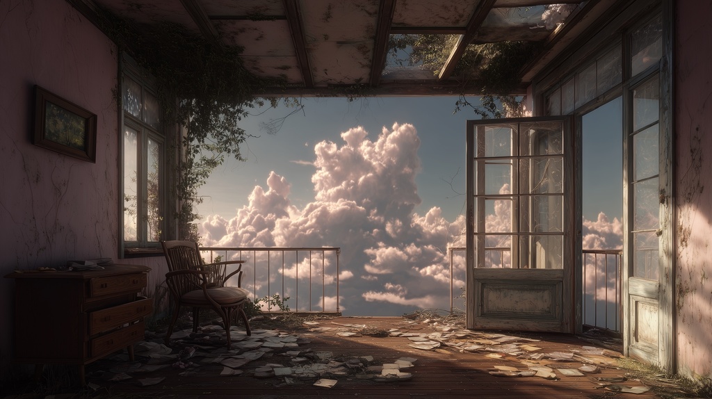 幻想的な空と雲の背景素材【高画質10枚】Vol.125〈住宅廃墟・日中編〉