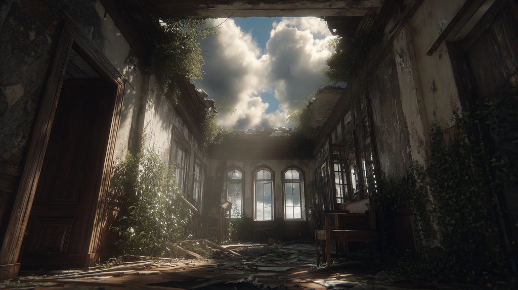 幻想的な空と雲の背景素材【高画質10枚】Vol.126〈住宅廃墟・日中編〉