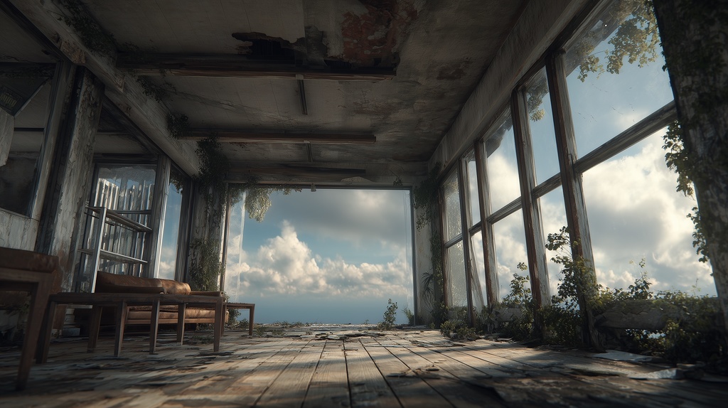 幻想的な空と雲の背景素材【高画質10枚】Vol.126〈住宅廃墟・日中編〉