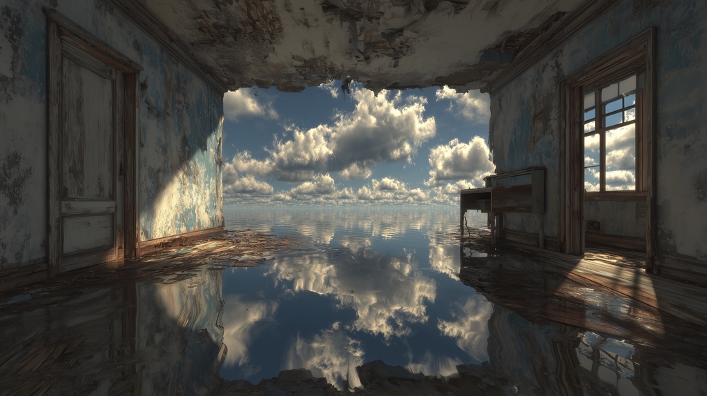 幻想的な空と雲の背景素材【高画質10枚】Vol.129〈住宅廃墟・日中編〉