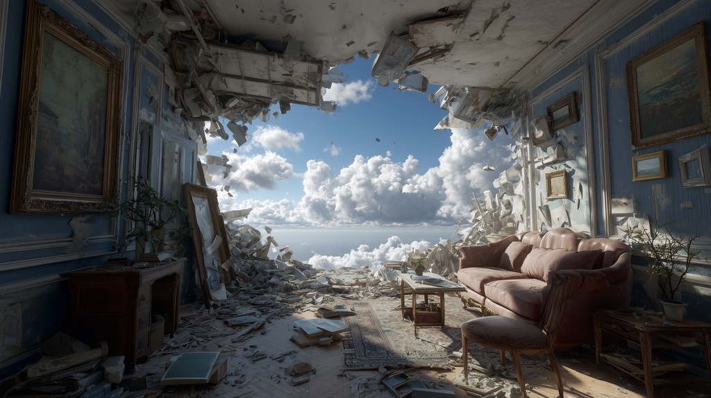 幻想的な空と雲の背景素材【高画質10枚】Vol.129〈住宅廃墟・日中編〉