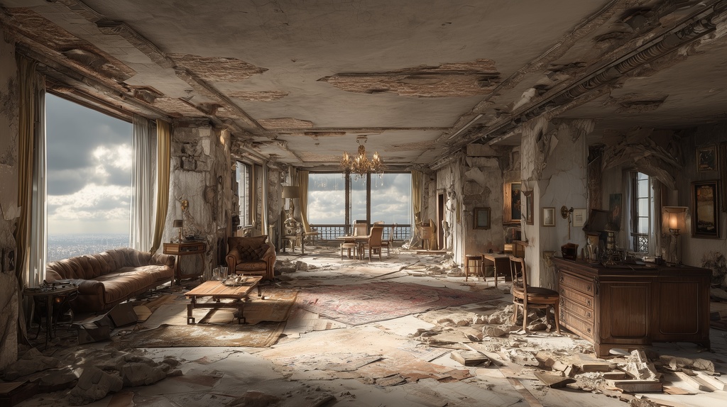 幻想的な空と雲の背景素材【高画質10枚】Vol.130〈住宅廃墟・日中編〉