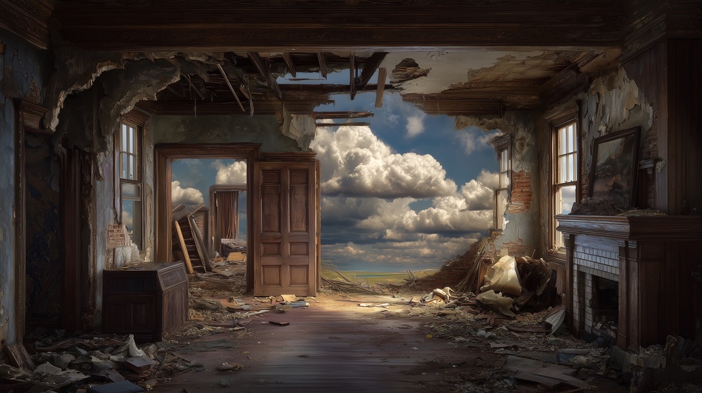 幻想的な空と雲の背景素材【高画質10枚】Vol.130〈住宅廃墟・日中編〉