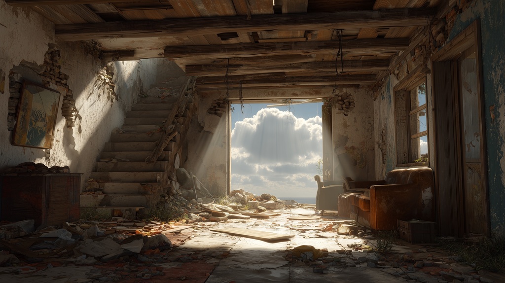 幻想的な空と雲の背景素材【高画質10枚】Vol.130〈住宅廃墟・日中編〉