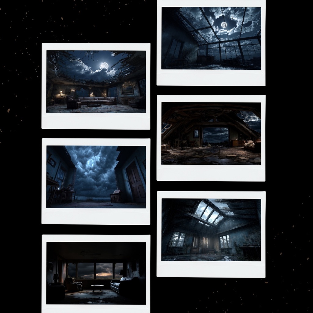 幻想的な空と雲の背景素材【Vol.91~100:住宅廃墟編(夜間)/100枚まとめ売り】