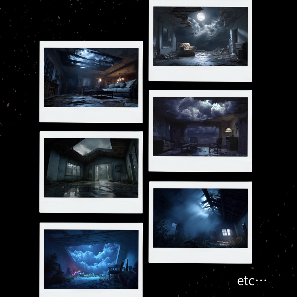 幻想的な空と雲の背景素材【Vol.91~100:住宅廃墟編(夜間)/100枚まとめ売り】