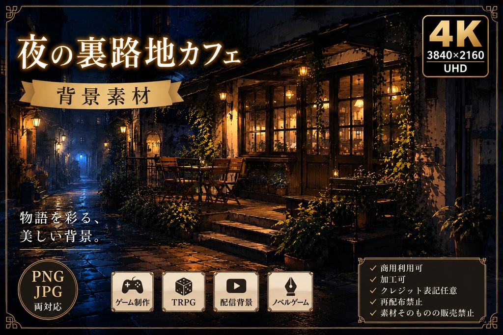 夜の裏路地カフェ【PNG/JPG/4K/背景素材】