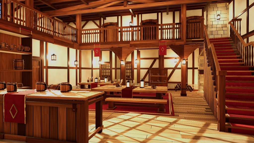 中世ファンタジー酒場「回廊のある宿屋酒場」3D背景セット【Blender/Unity6 URP】
