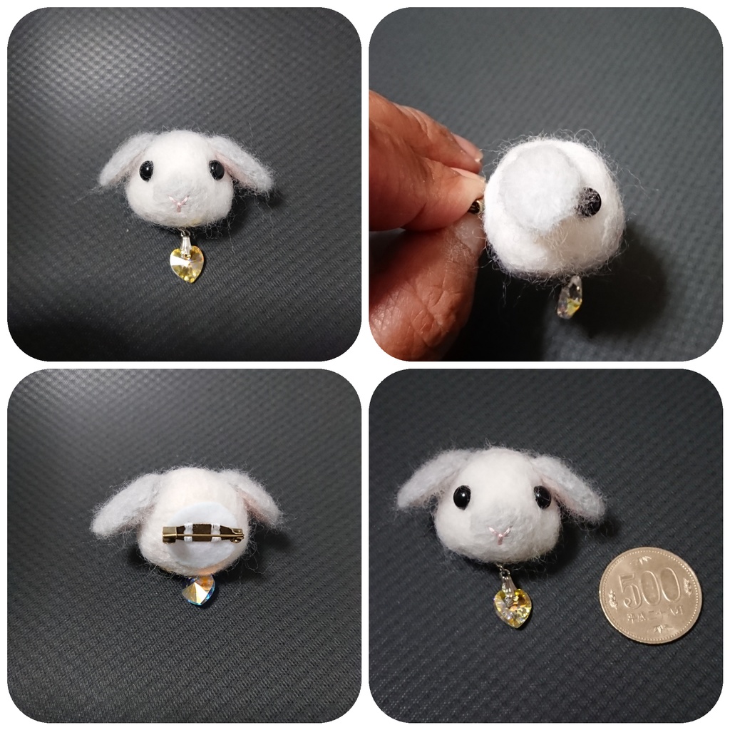 羊毛フェルトうさぎのフェイスブローチ ロップイヤー Walnut Forest Booth