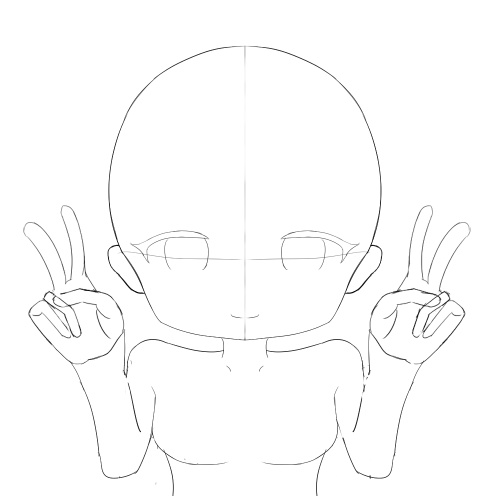 デフォルメ素体ポーズ素材セット(ピース / ハート/手を振る)【線画・商用利用可】