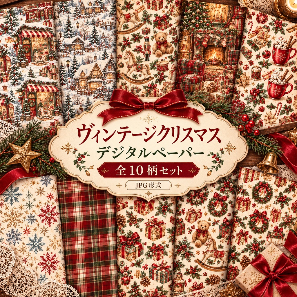 ヴィンテージクリスマス デジタルペーパー10柄セット｜コラージュ・手帳デコ素材