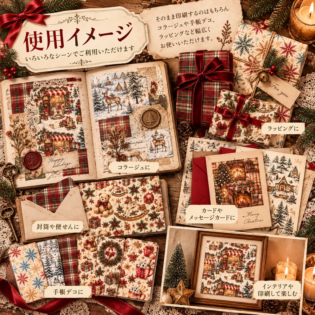 ヴィンテージクリスマス デジタルペーパー10柄セット|コラージュ・手帳デコ素材