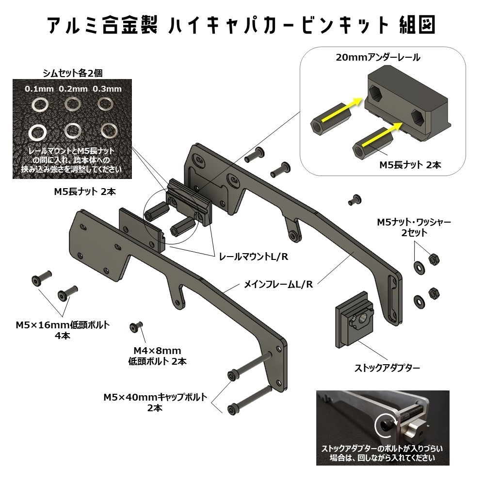 アルミ合金製 ハイキャパカービンキット(M4ストック用、アンダーレール付き)