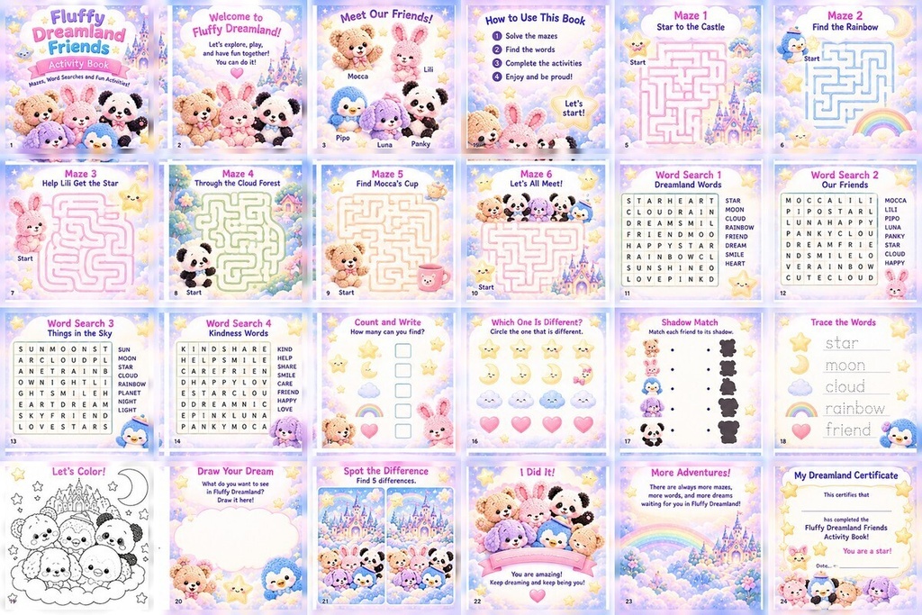 Fluffy Dreamland Friends Activity Book｜迷路・ワードサーチ・知育あそび｜PDF 24ページ