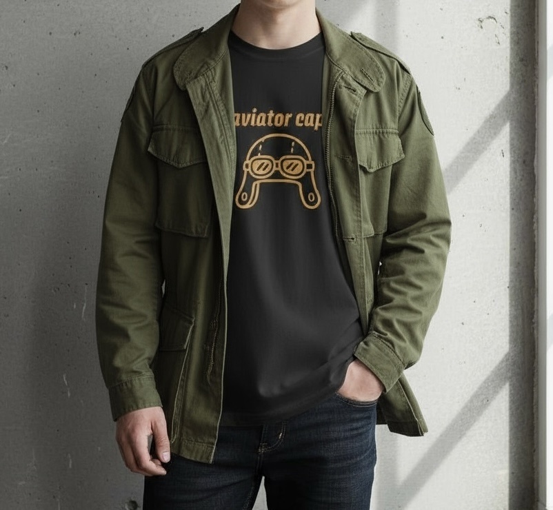 【WOLFJAM BASE】パイロット帽イラストロングスリーブTシャツ(ブラック)