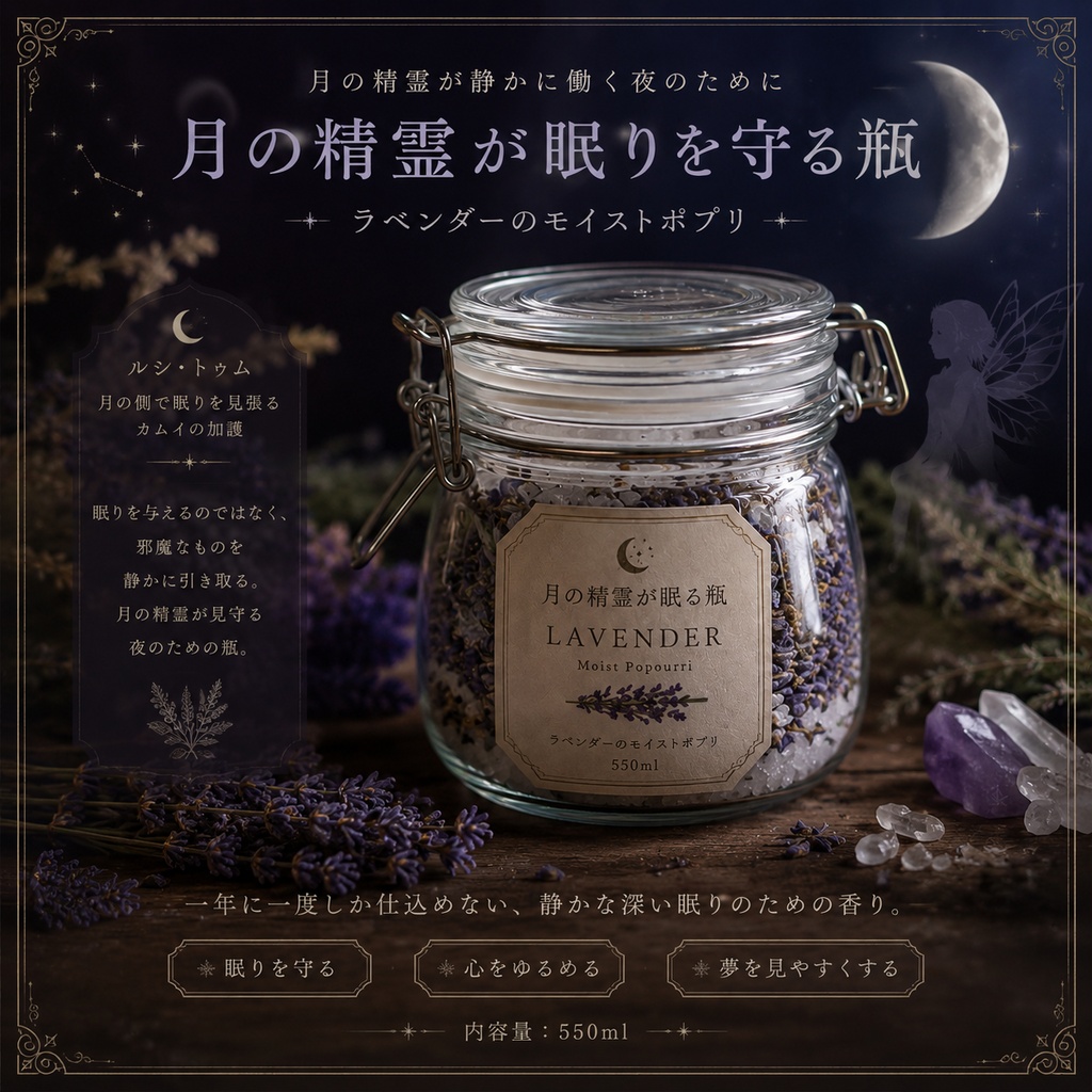 月の精霊が眠りを守る瓶 ― ラベンダーのモイストポプリ(550ml)―