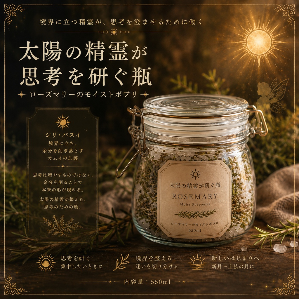 太陽の精霊が思考を研ぐ瓶 ― ローズマリーのモイストポプリ(550ml)―