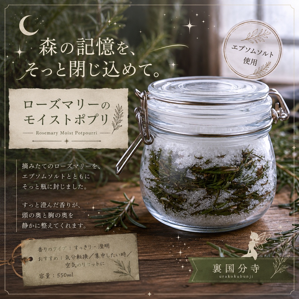 精霊が思考を研ぐ瓶 ローズマリーのモイストポプリ ― エプソムソルト仕込み ―（550ml）