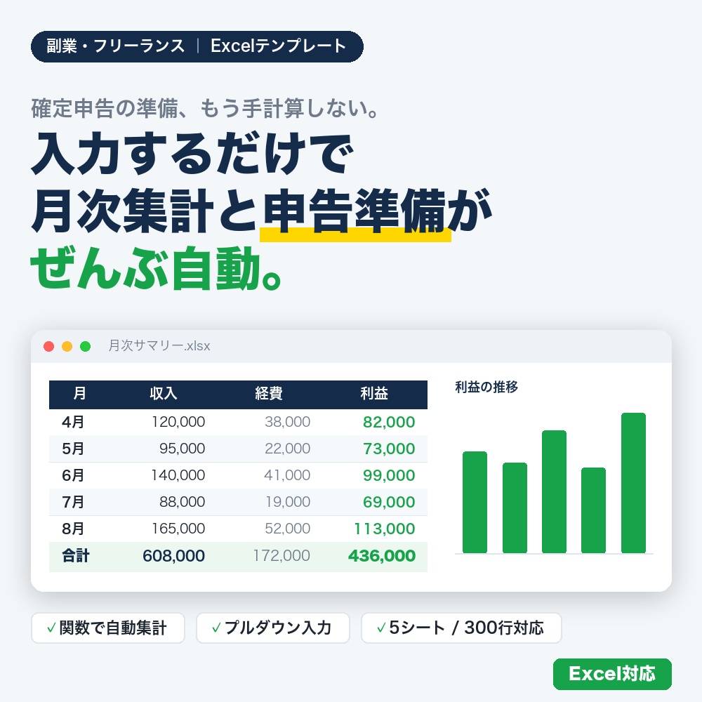 【入力するだけ】副業・フリーランスの収支＆確定申告準備シート｜月次集計が自動で出るExcel