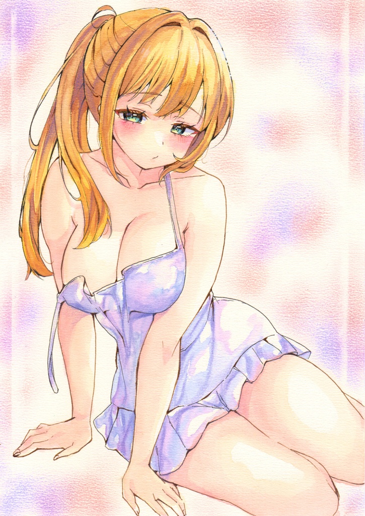 手描き　イラスト　オリジナル　白ワンピ　金髪