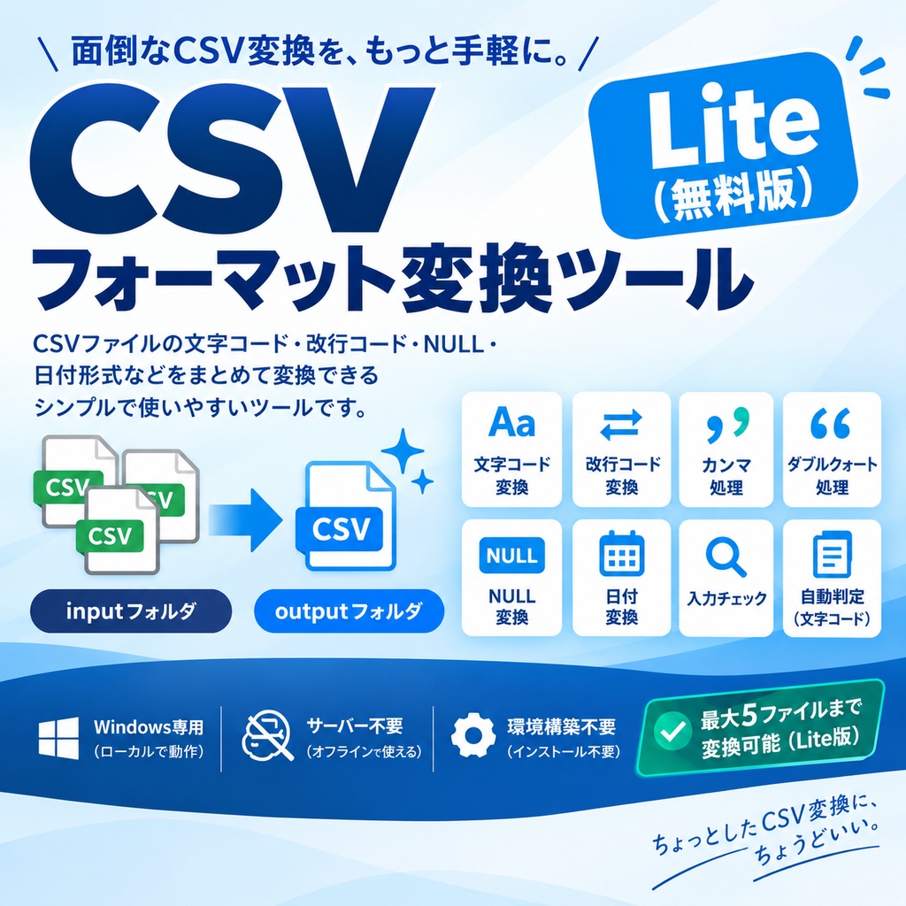 CSVフォーマット変換ツール Lite|無料・最大5ファイル|文字コード・改行コード変換|Windows