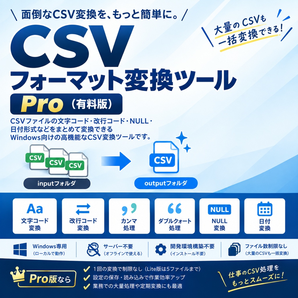 CSVフォーマット変換ツール Pro｜文字コード・改行コード・NULL・日付変換｜Windows