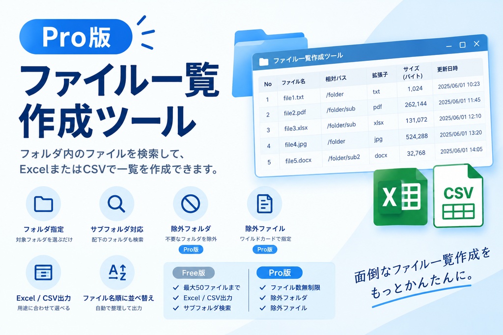 ファイル一覧作成ツール Pro｜フォルダ内のファイルをExcel・CSV一覧化｜Windows