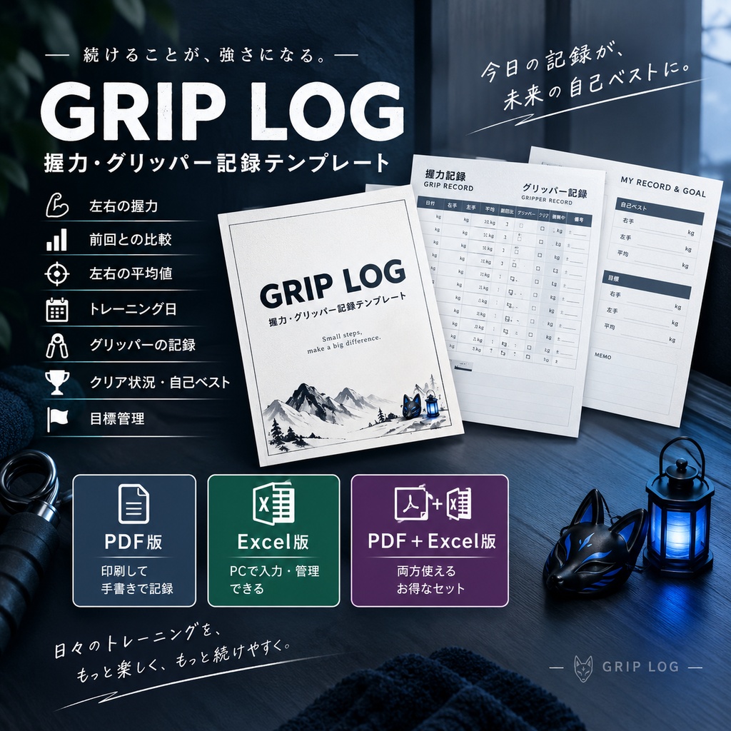 握力・グリッパー記録テンプレート「GRIP LOG」｜PDF・Excel
