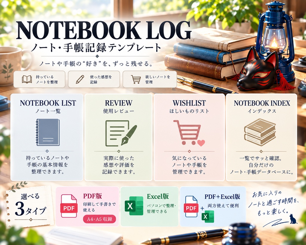 NOTEBOOK LOG|ノート・手帳管理・記録テンプレート|PDF・Excel