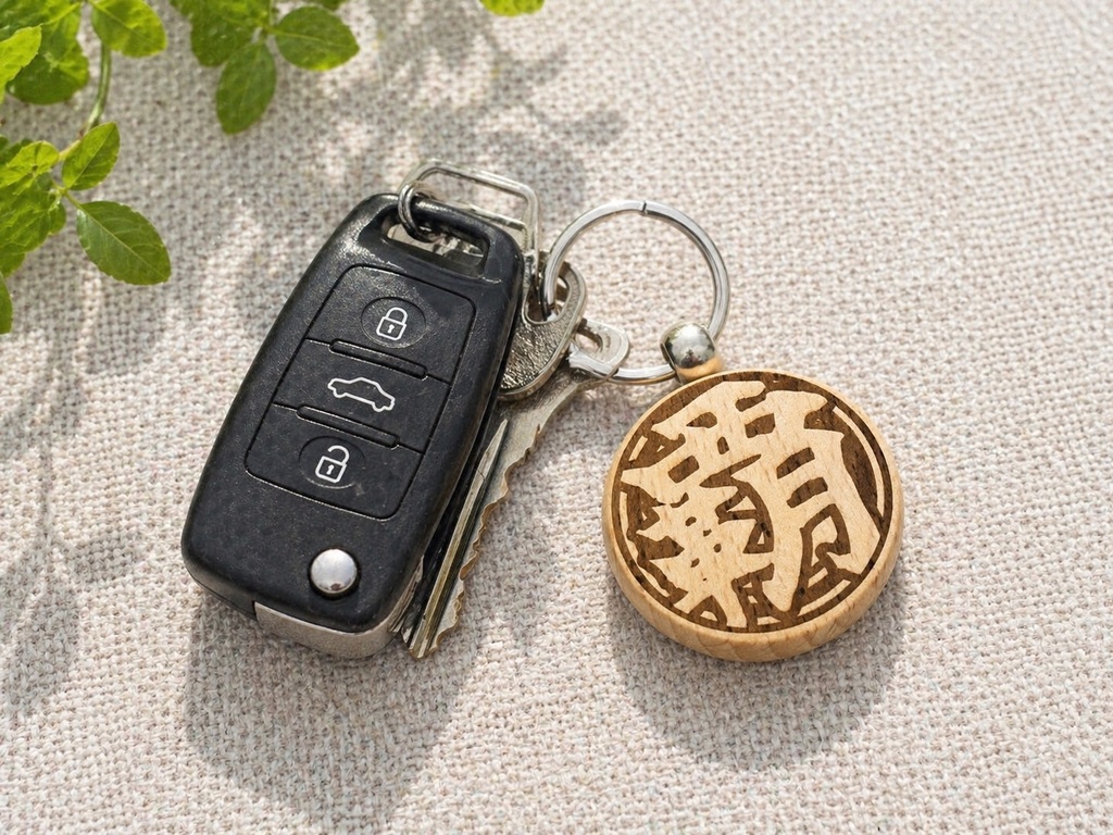 【一点物】覇凰院キャサリンウッドブランクのサイズは約3*5.6 cm 、厚さ0.7 cmで、キーリングの直径は約3.17 cm。日記念|木製キーホルダー(丸型/長方形・リバーシブル)