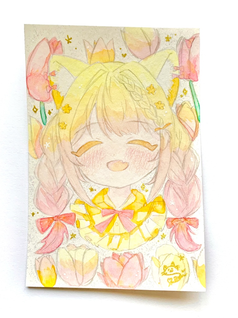 【原画】ポストカード(花束キラキラにこにこ)