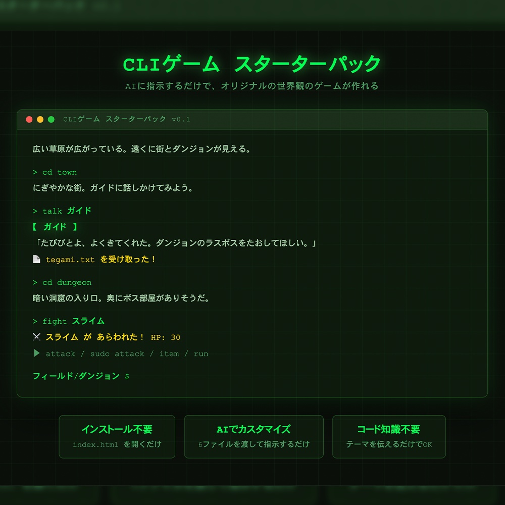 CLIゲーム スターターパック｜AIで世界観を自由にカスタマイズできるブラウザゲームテンプレート