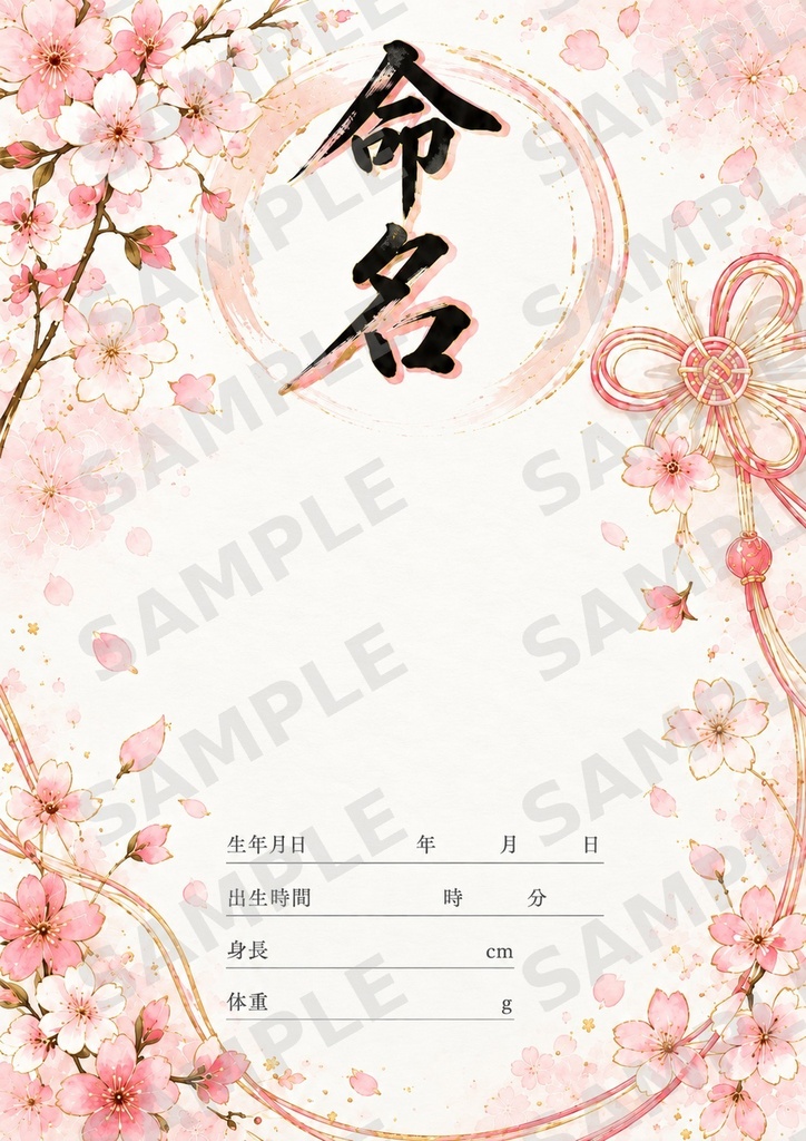 命名書｜女の子｜黒×ピンクゴールド｜和風・かわいい｜ダウンロード版
