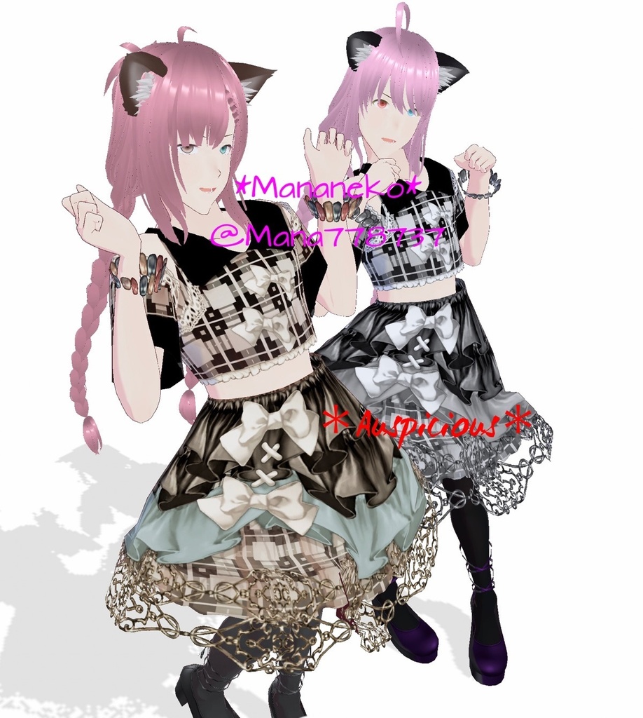 2024年6月*退院したよ記念*使用時作者表記不要と条件付きですが商用も可能にしました*詳しくは品ページ読んでね*VRoidワンピース用テクスチャ*ヘソ出しチェックリボンフリルワンピース*ブラック単品と3色セット*