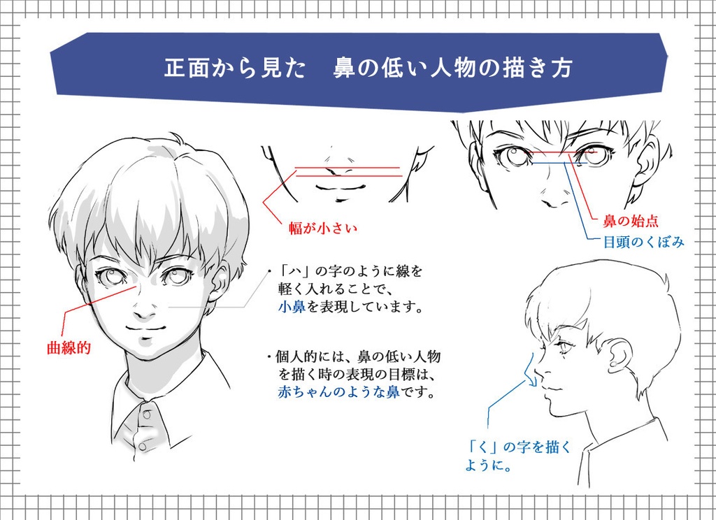 質問への回答と補足ー斜め顔を描く際のアタリ補助円の変形/正面から見た鼻の高低の描き分け