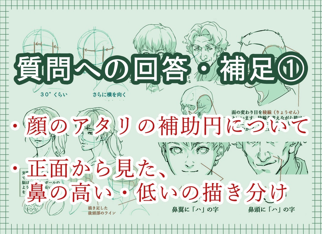 質問への回答と補足ー斜め顔を描く際のアタリ補助円の変形 正面から見た鼻の高低の描き分け Nakama Yasukata Booth