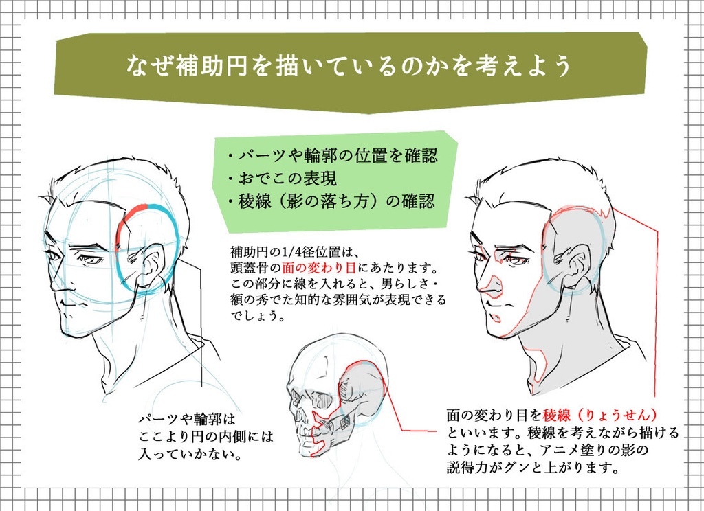 質問への回答と補足ー斜め顔を描く際のアタリ補助円の変形/正面から見た鼻の高低の描き分け