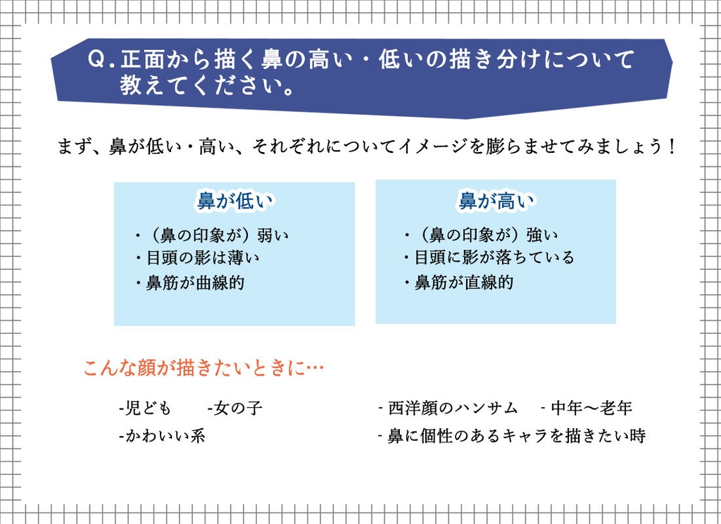 質問への回答と補足ー斜め顔を描く際のアタリ補助円の変形/正面から見た鼻の高低の描き分け