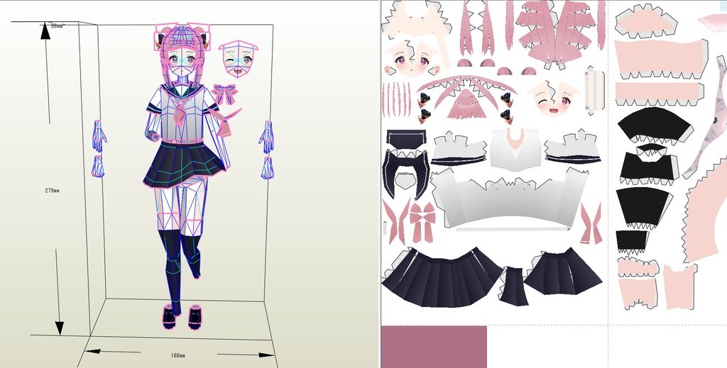 ペーパークラフト【無料DL】オリジナル美少女フィギュア おだんごピンク髪ちゃん