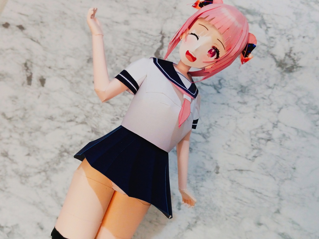 ペーパークラフト【無料DL】オリジナル美少女フィギュア おだんごピンク髪ちゃん