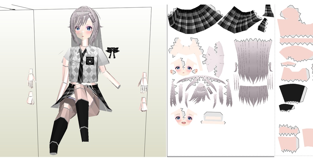 【展開図】お手軽お座りポーズちゃん カスタムペーパーフィギュア 制服ブレザー半袖 黒