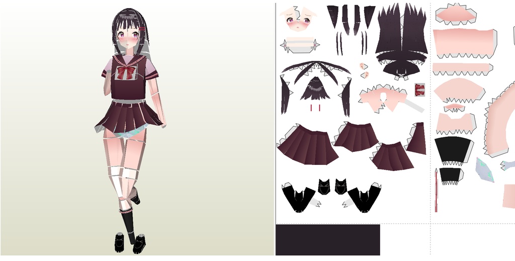 ペーパーフィギュア【無料DL】オリジナル美少女フィギュア 黒髪ロング+鞄ちゃん