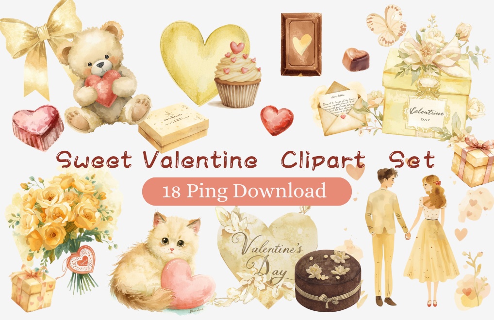 アンティーク水彩 バレンタインクリップアート18セット（PNG背景透過）