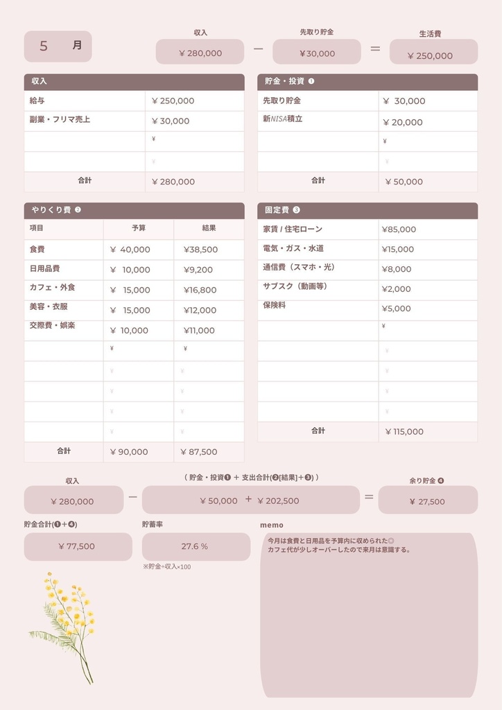 【ダウンロード印刷可】大人可愛いナチュラルピンク家計簿テンプレート